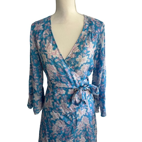 HANNAH Artwear Blue Floral 100% Silk Midi Wrap Dress One / Free Size - Picture 2 of 15